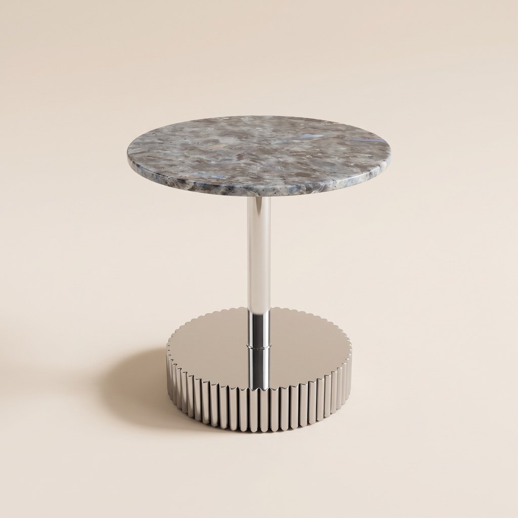 Blue-Grey Marble Side Table — Fluted Chrome Base