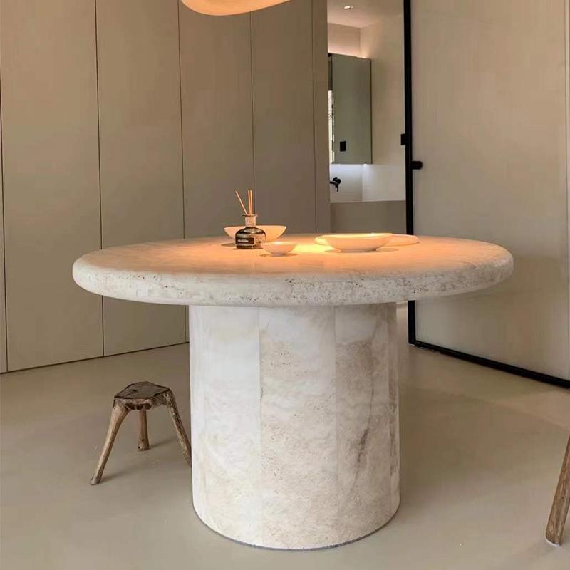 Round Natural Stone Dining Table — Wide Drum Pedestal