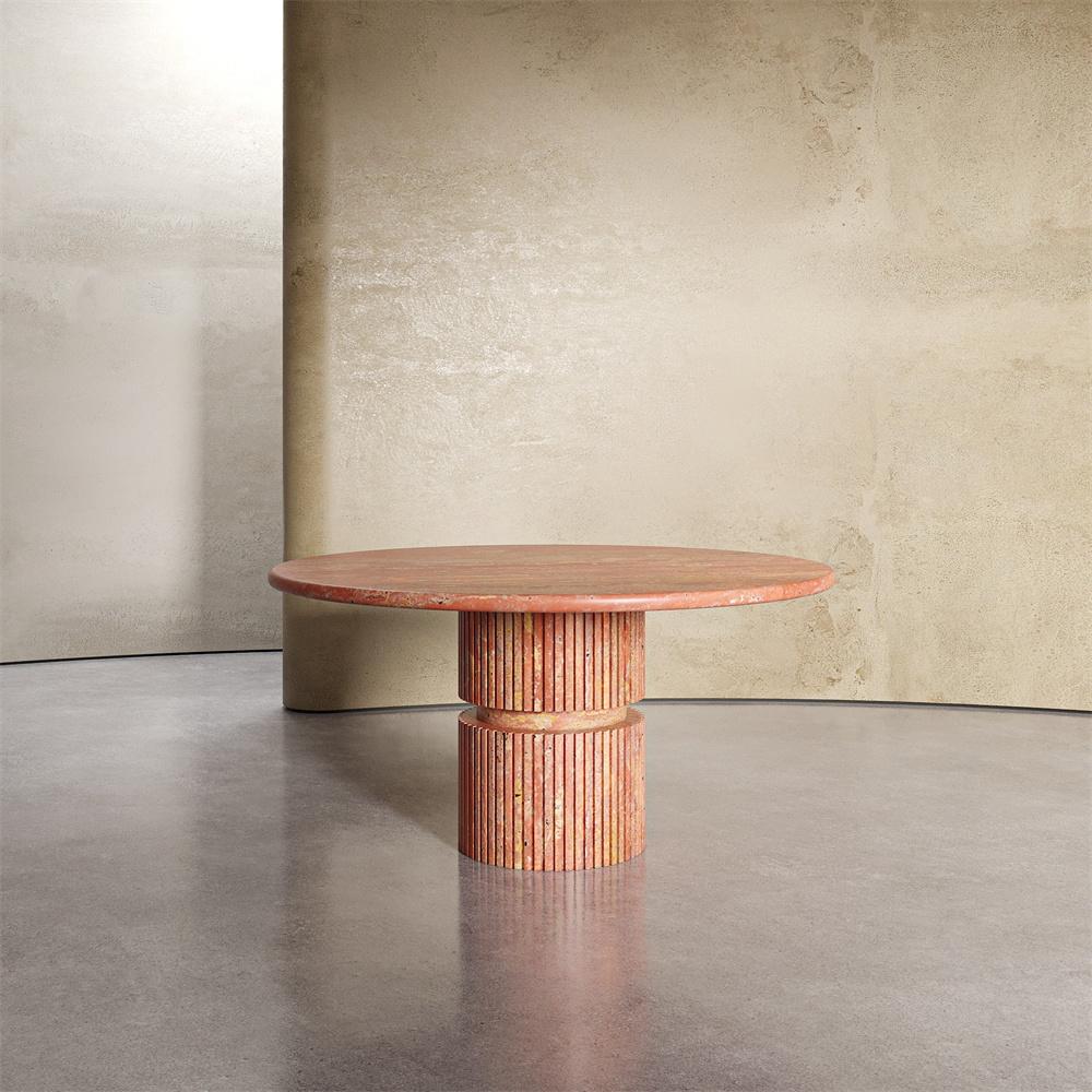 Round Natural Stone Dining Table — Ringed Pedestal