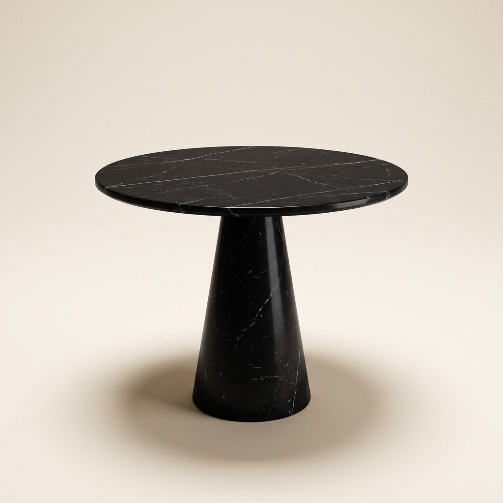 Round Black Marble Dining Table — Cone Pedestal