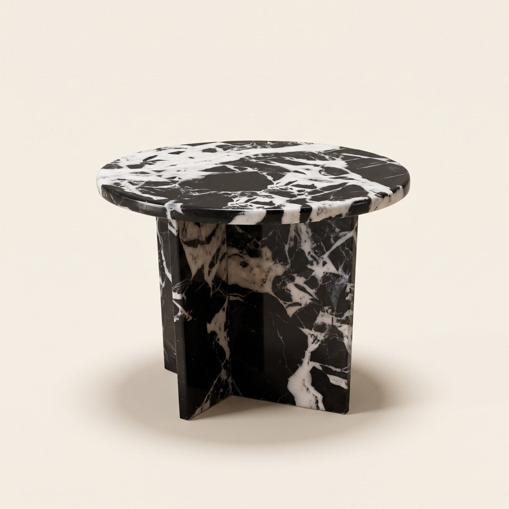 Round Black-and-White Marble Side Table — Cross Base