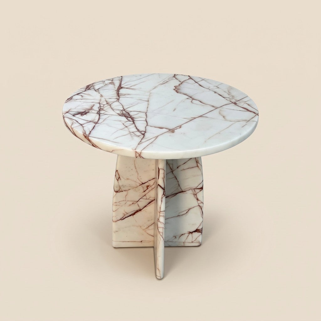 Round White Veined Stone Side Table — Cross Base