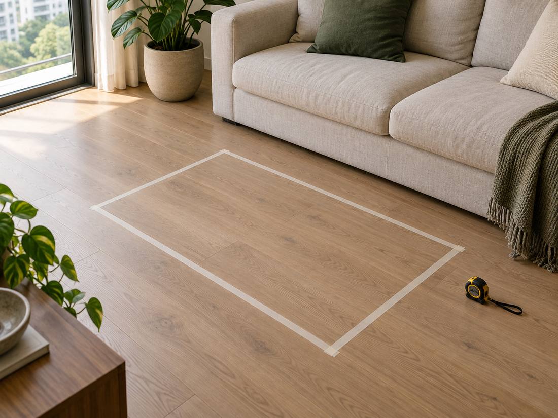 The footprint of a table marked out with tape on a living room floor