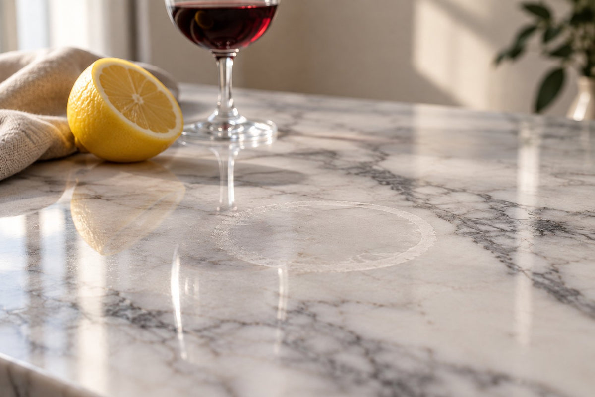 A dull ring etched into polished white marble, next to a glass of red wine and half a lemon