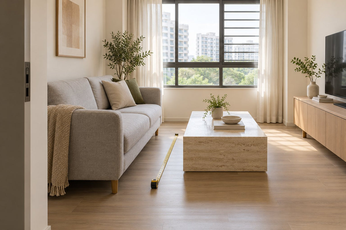 Living room of an HDB flat with a measuring tape on the floor between the sofa and a stone coffee table