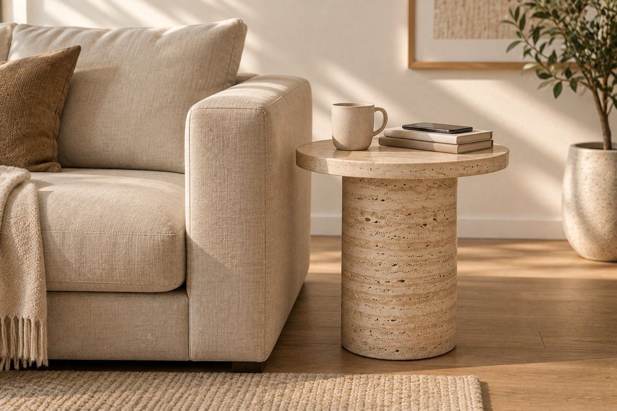 A round travertine side table beside a sofa, its top level with the sofa arm
