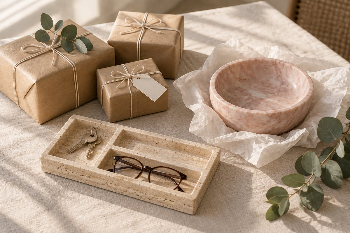 Gifts wrapped in kraft paper next to a pink marble bowl and a travertine tray