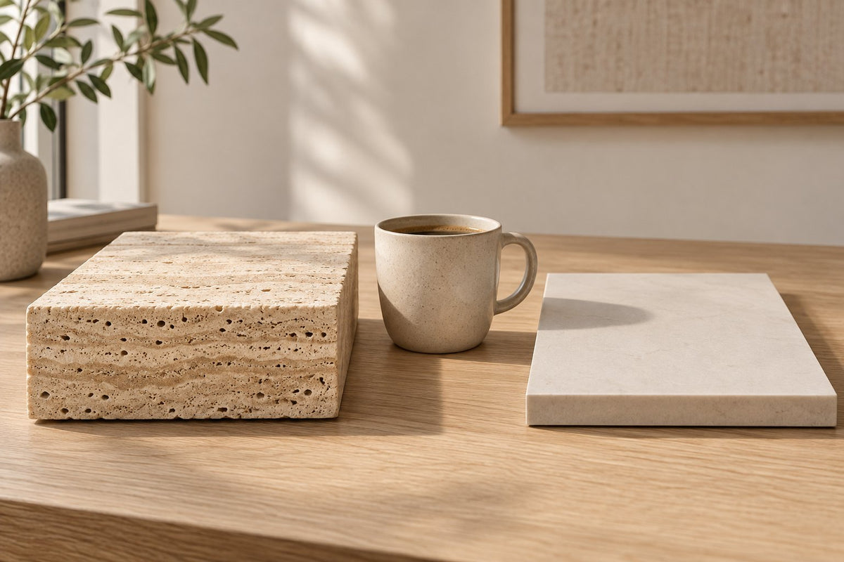 A block of travertine with natural pores next to a smooth slab of sintered stone on a wooden table