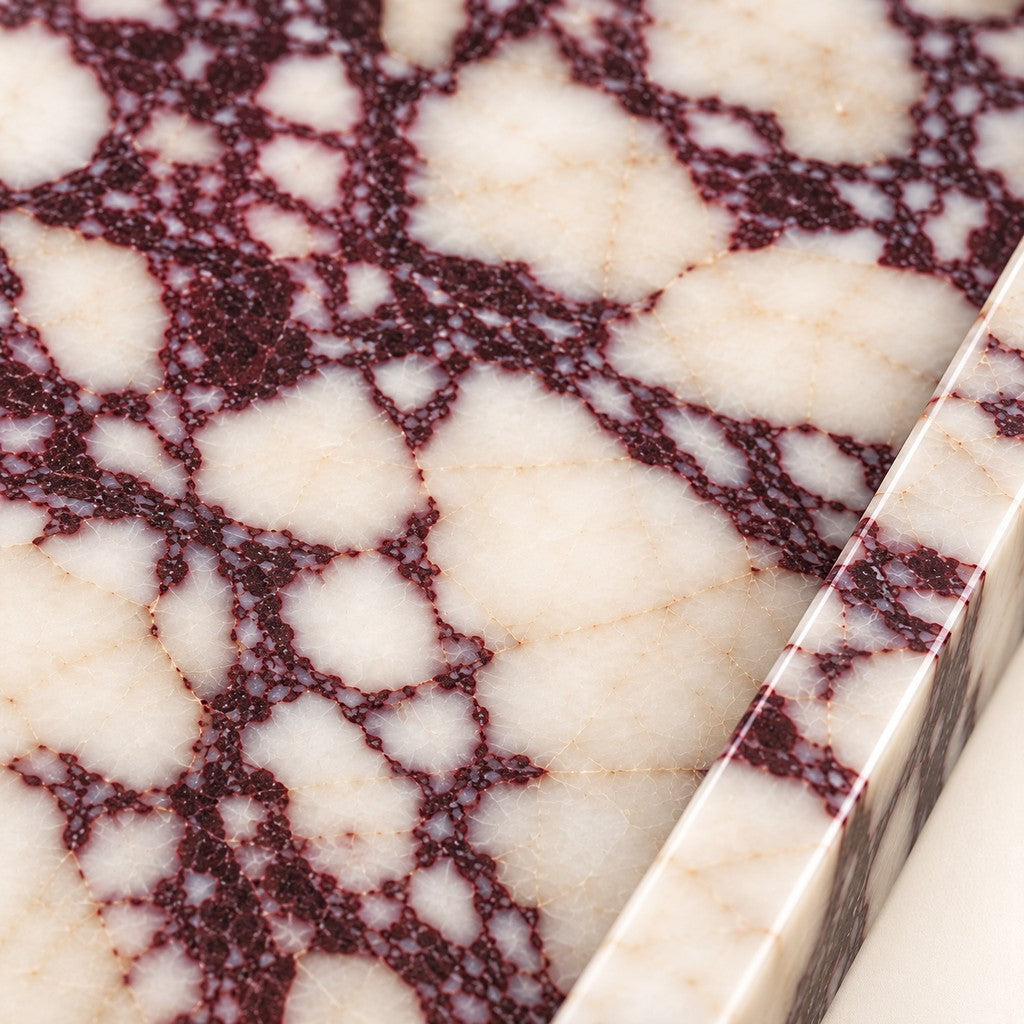 Broad-Rim Rectangular Tray: close-up of the Calacatta Viola surface