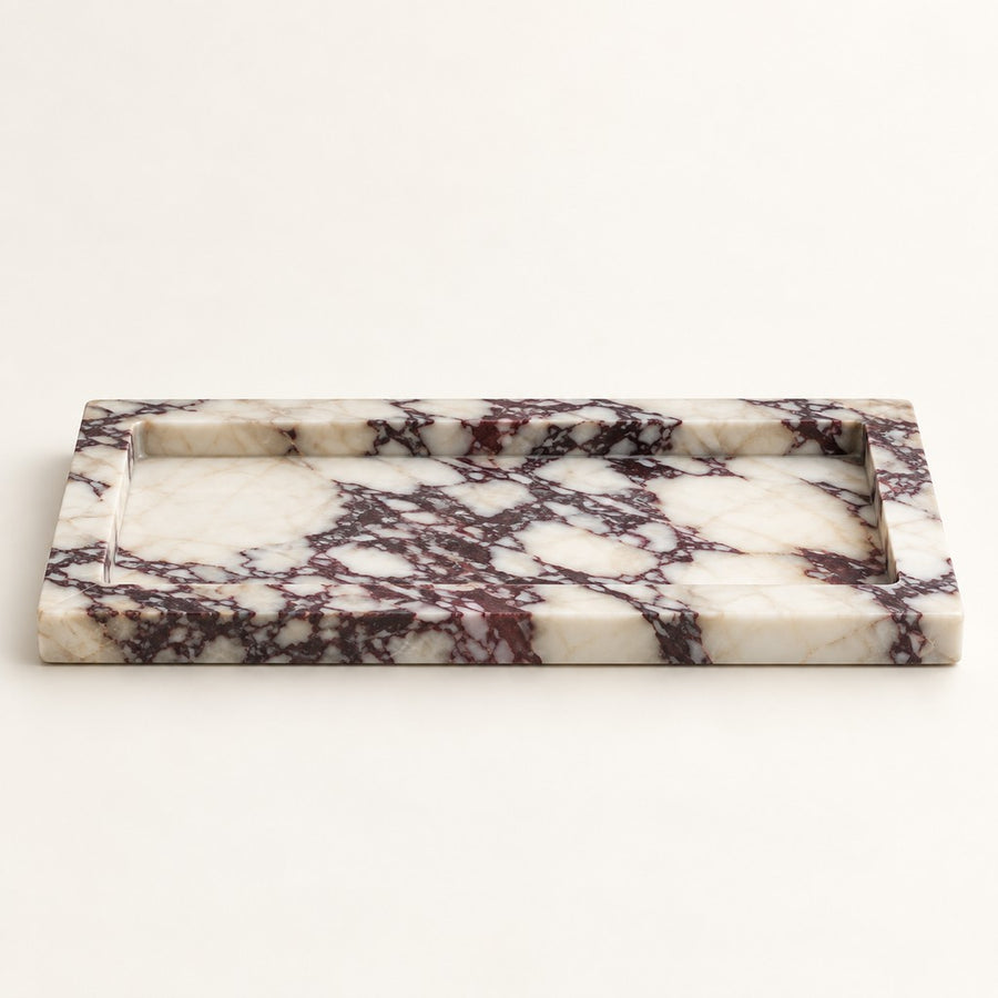Broad-Rim Rectangular Tray in Calacatta Viola, studio view