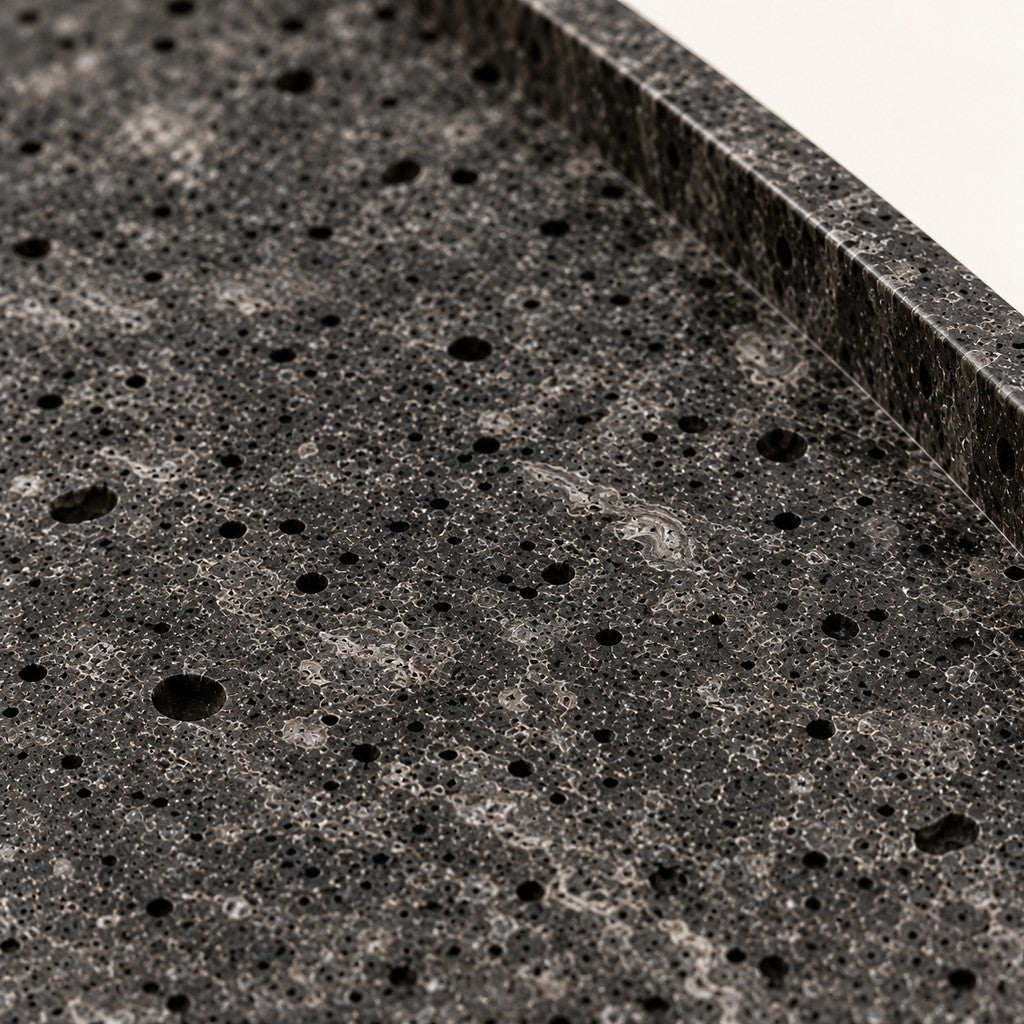 Classic Low-Rim Rectangular Tray: close-up of the Black Travertine surface