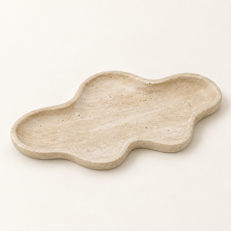 Cloud-Shaped Decorative Tray in Beige Travertine, studio view