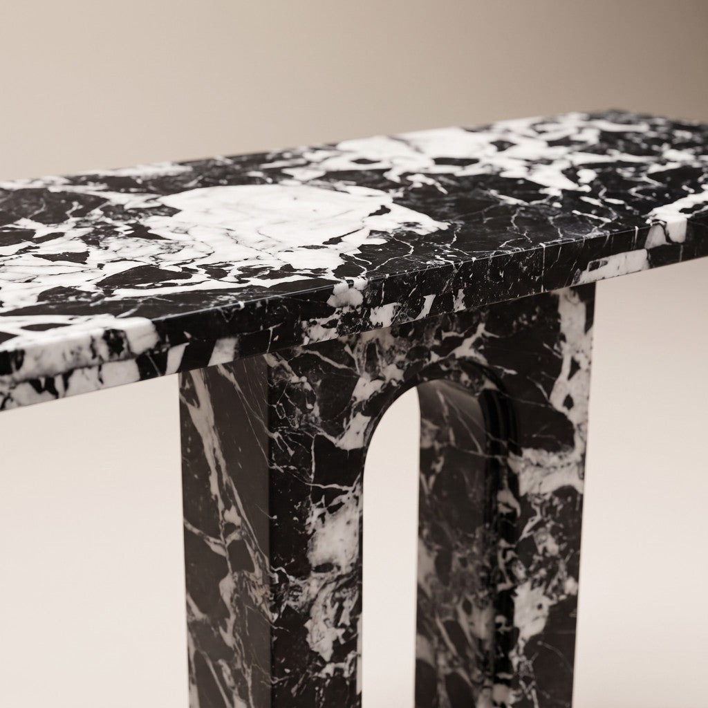 Compact Black-and-White Marble Console Table, edge detail