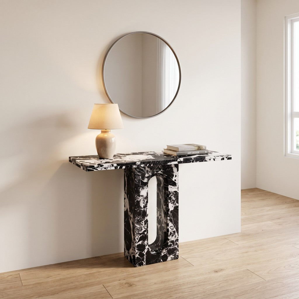 Compact Black-and-White Marble Console Table in an entryway