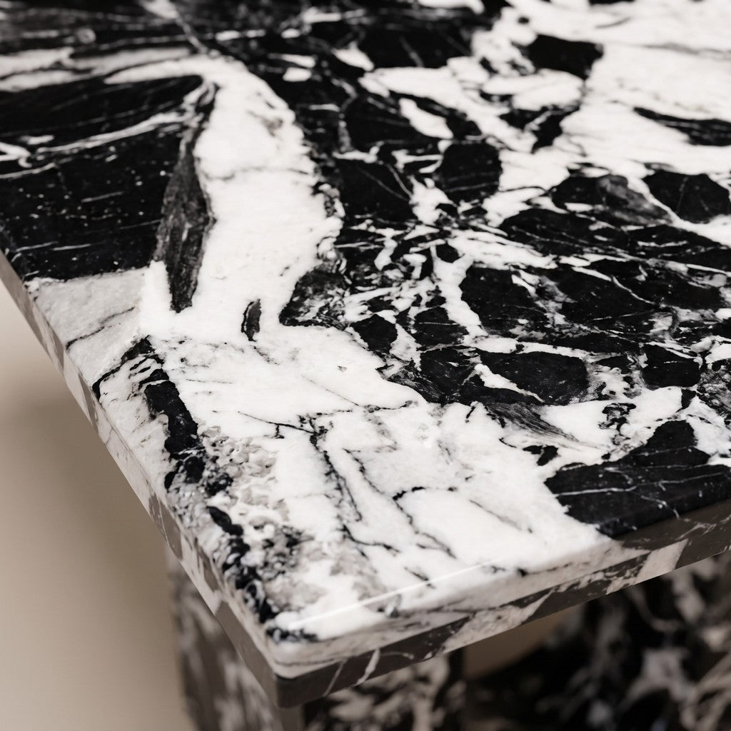 Compact Black-and-White Marble Console Table: close-up of the stone surface