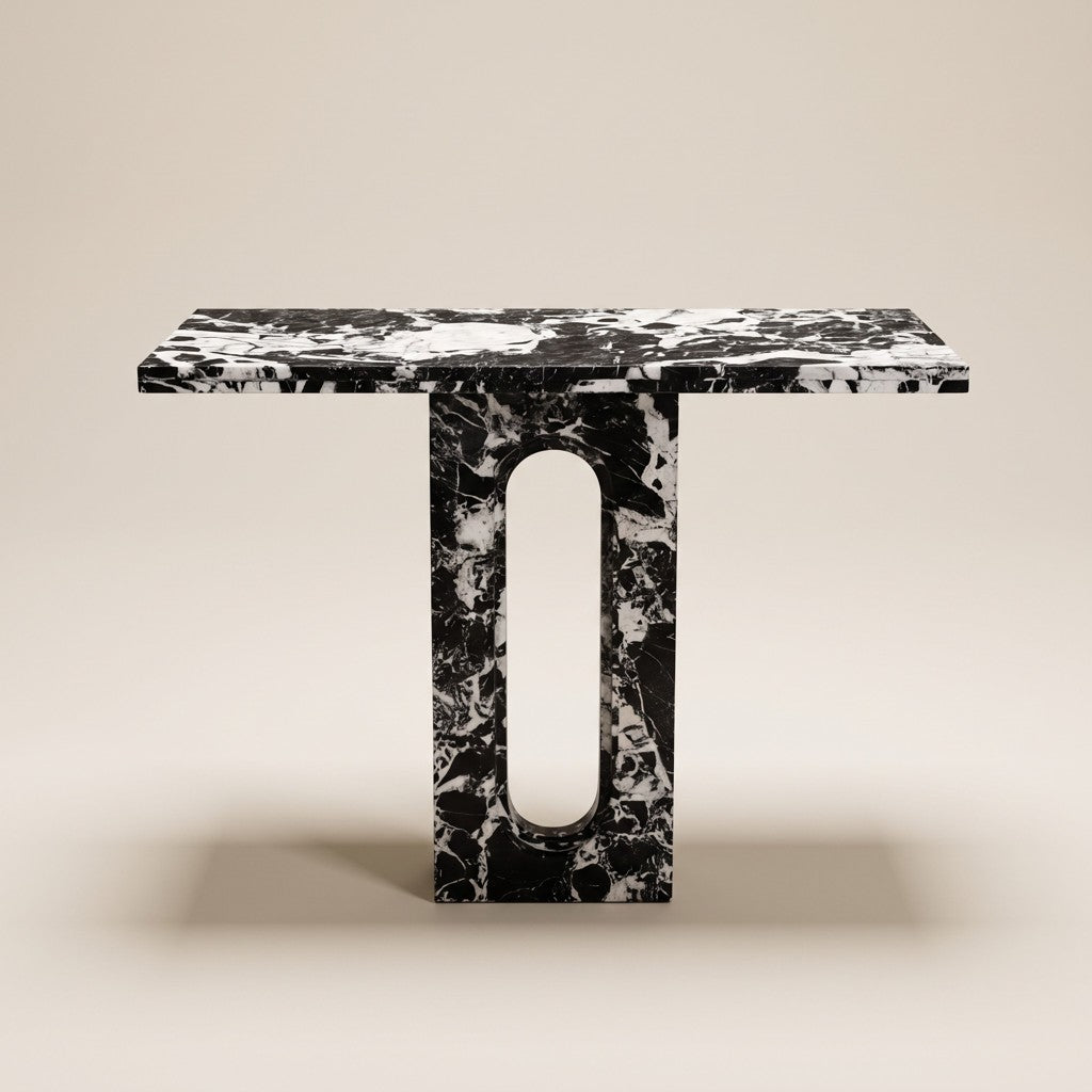 Compact Black-and-White Marble Console Table
