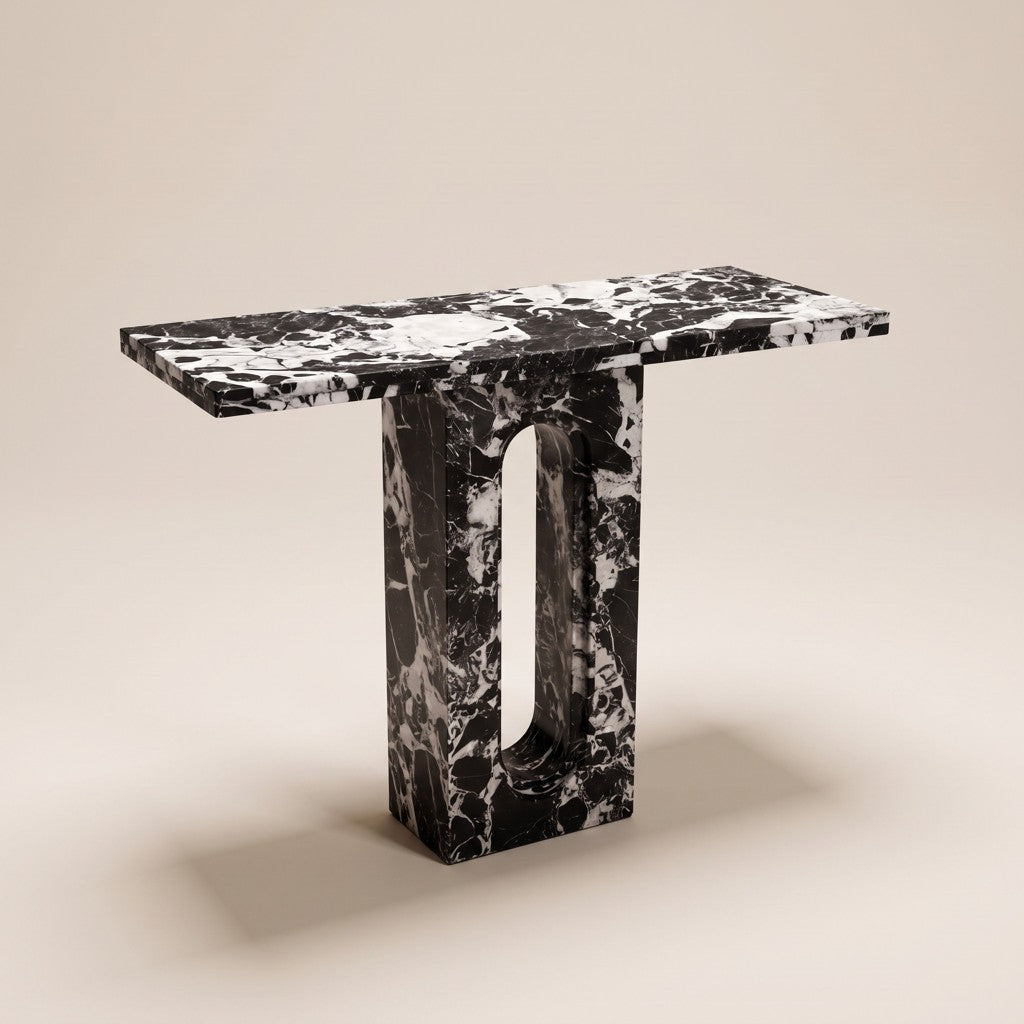 Compact Black-and-White Marble Console Table, three-quarter view
