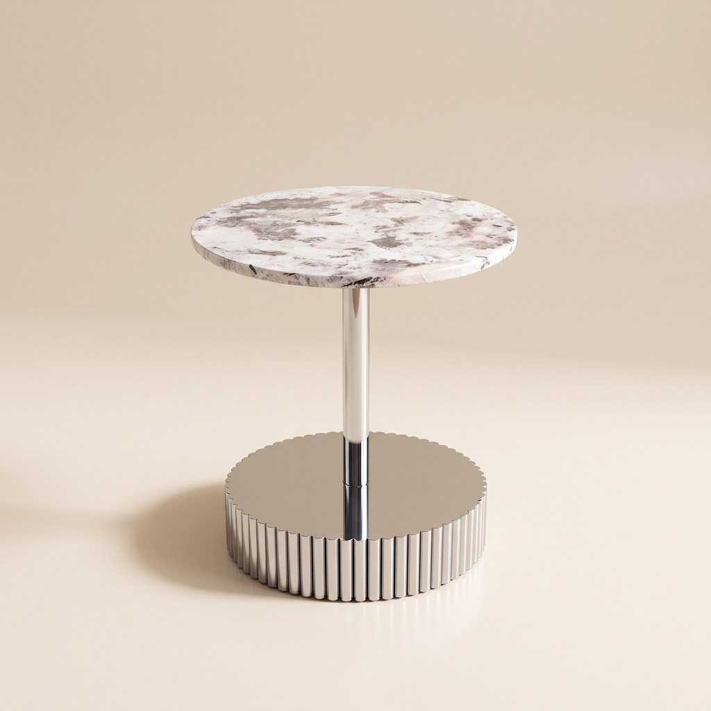 Corner Marble Side Table in white marble with pink and grey veining, studio view