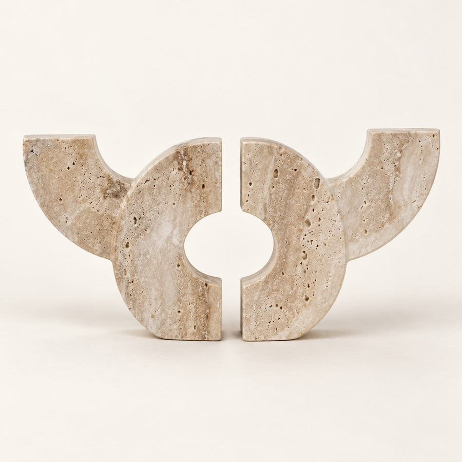Curved Stone Bookends — Set of Two in Beige Travertine, studio view