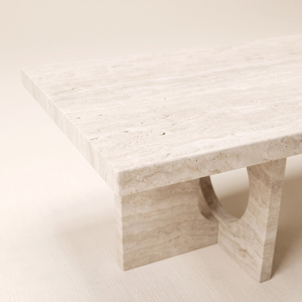 Cut-Out Leg White Travertine Coffee Table, edge detail