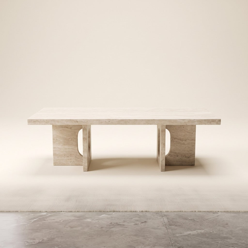 Cut-Out Leg White Travertine Coffee Table, studio view