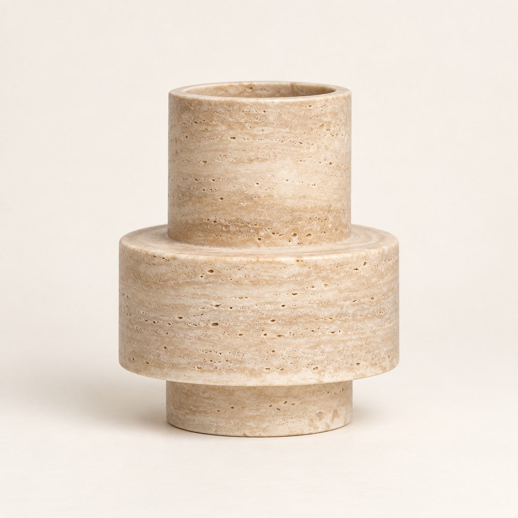 Cylinder Vase in Beige Travertine, studio view
