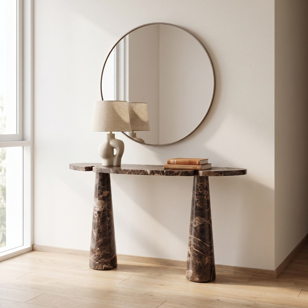 Entryway Brown Marble Console Table — Cone Legs, in an entryway