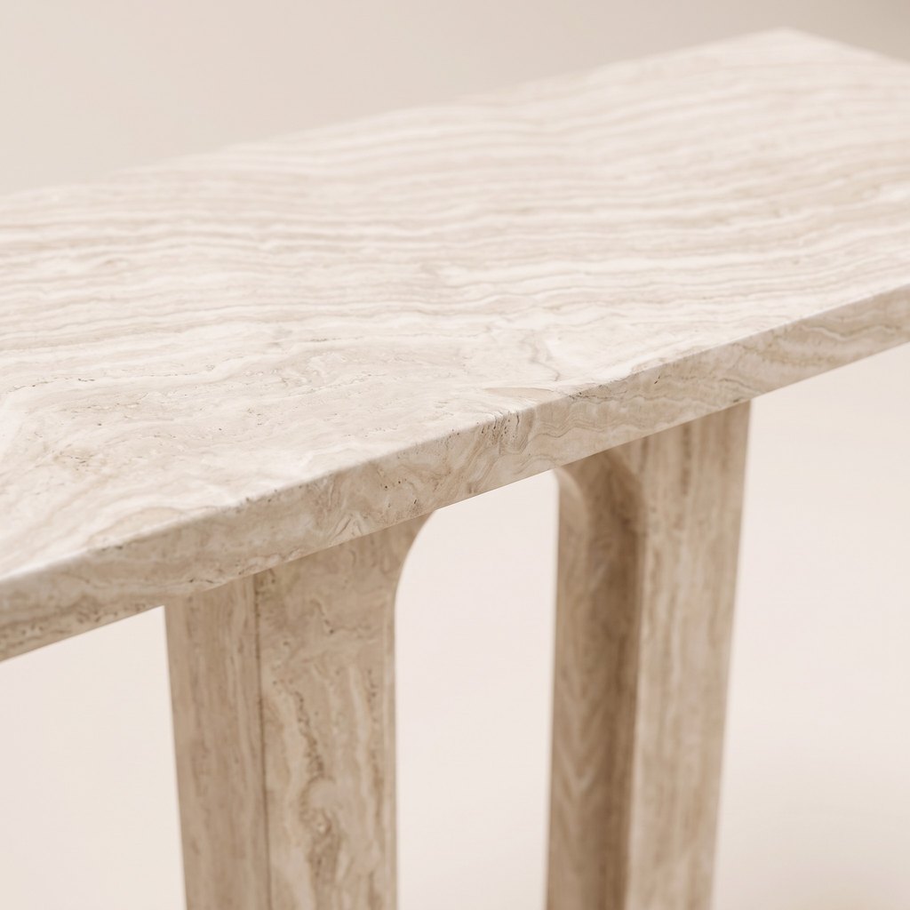 Entryway White Travertine Console Table, edge detail