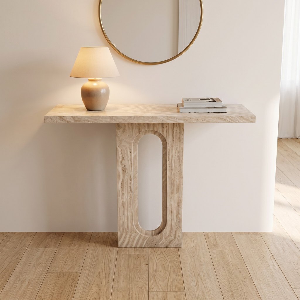 Entryway White Travertine Console Table in an entryway