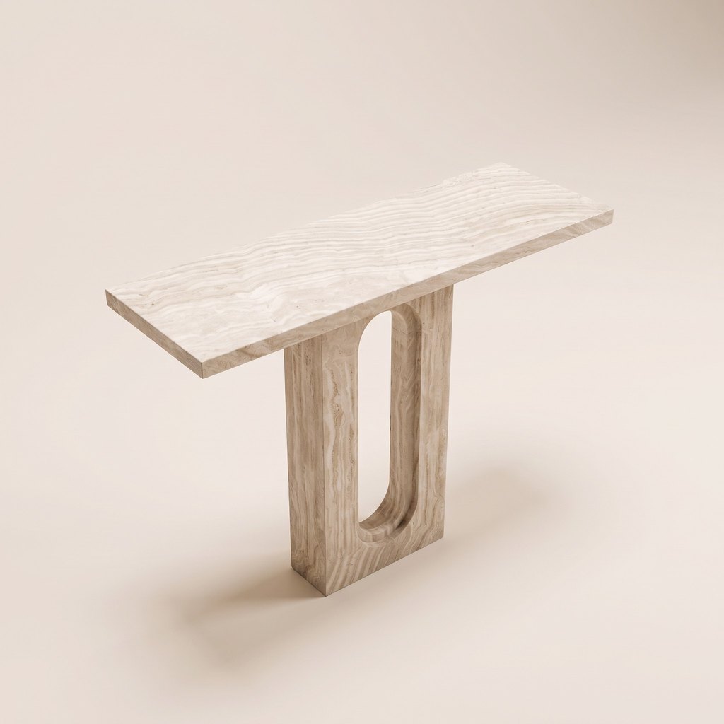 Entryway White Travertine Console Table, three-quarter view