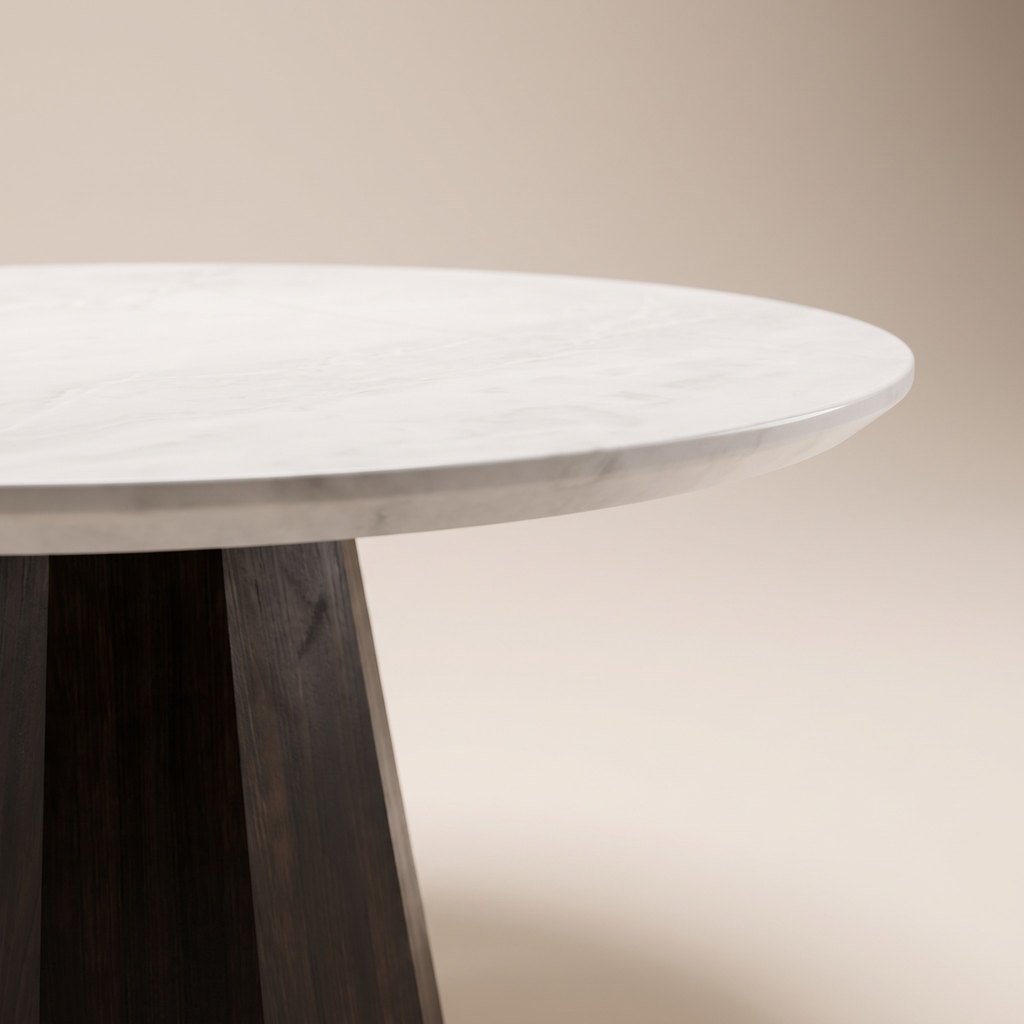 Faceted Wood-Base White Jade Marble Dining Table, edge detail
