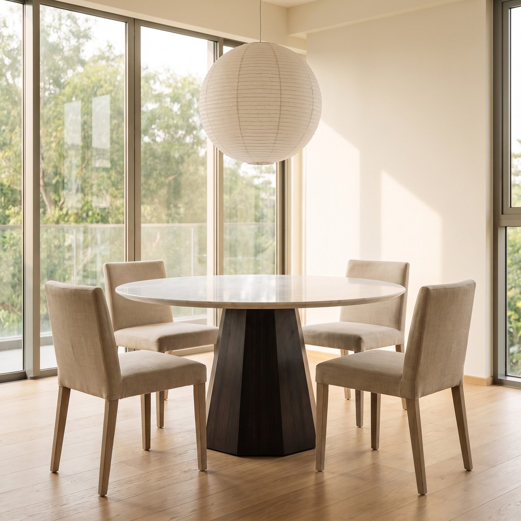 Faceted Wood-Base White Jade Marble Dining Table in a dining room