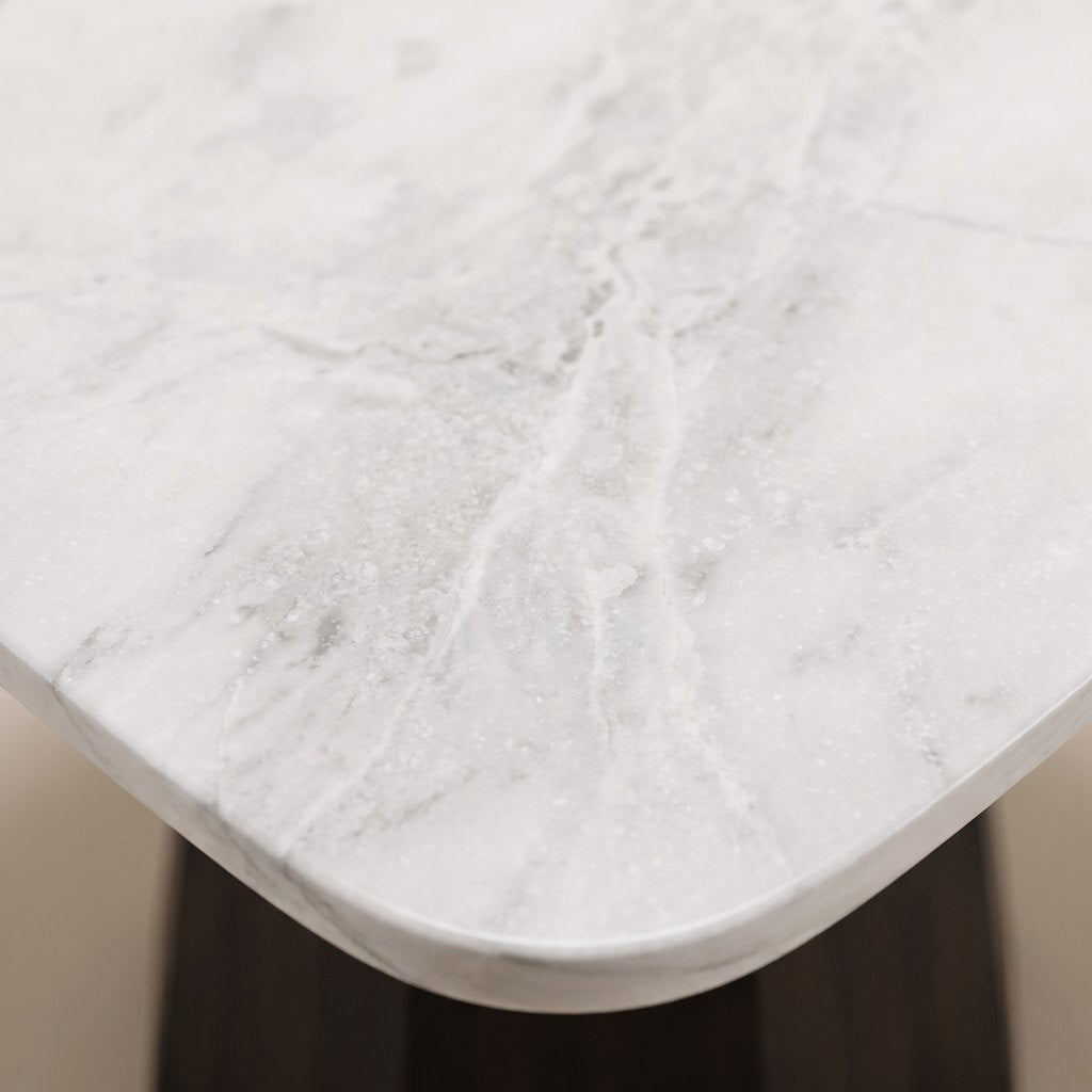 Faceted Wood-Base White Jade Marble Dining Table: close-up of the white jade marble surface