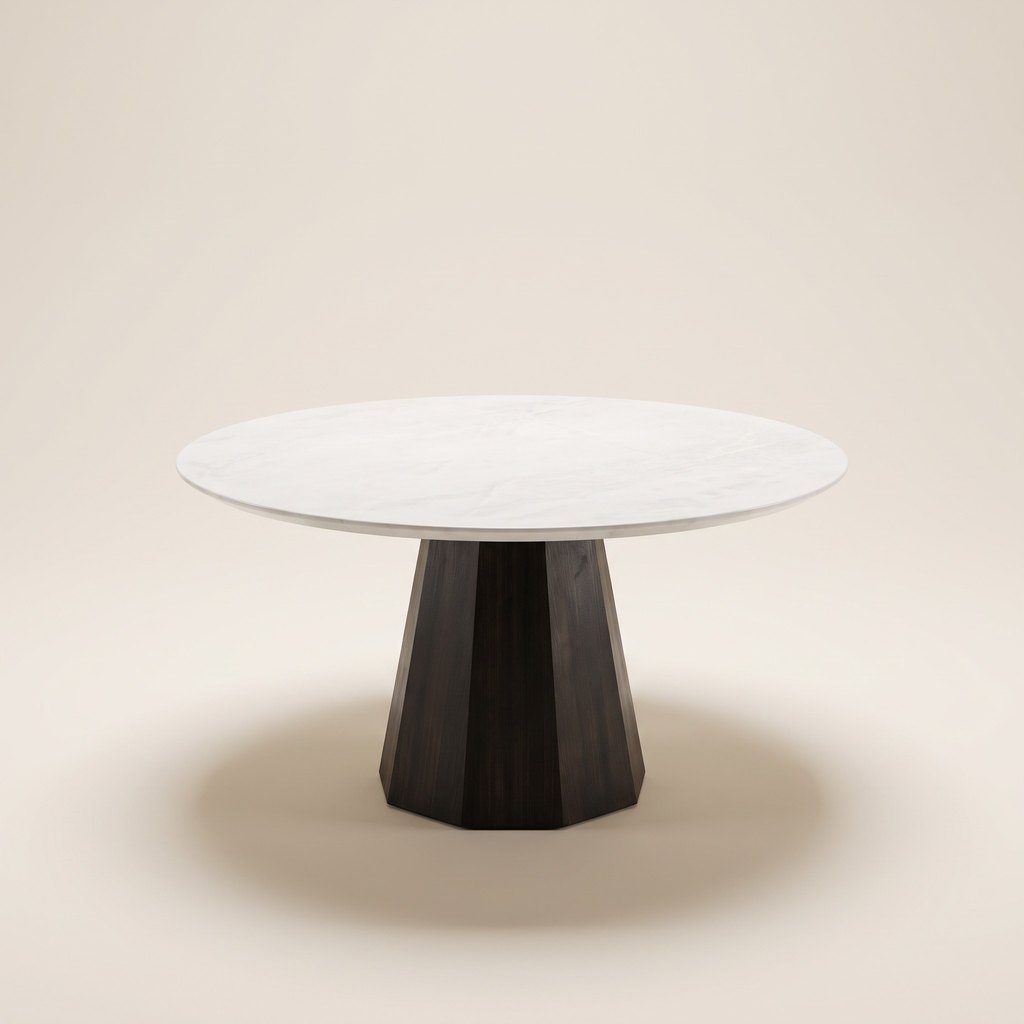 Faceted Wood-Base White Jade Marble Dining Table, studio view