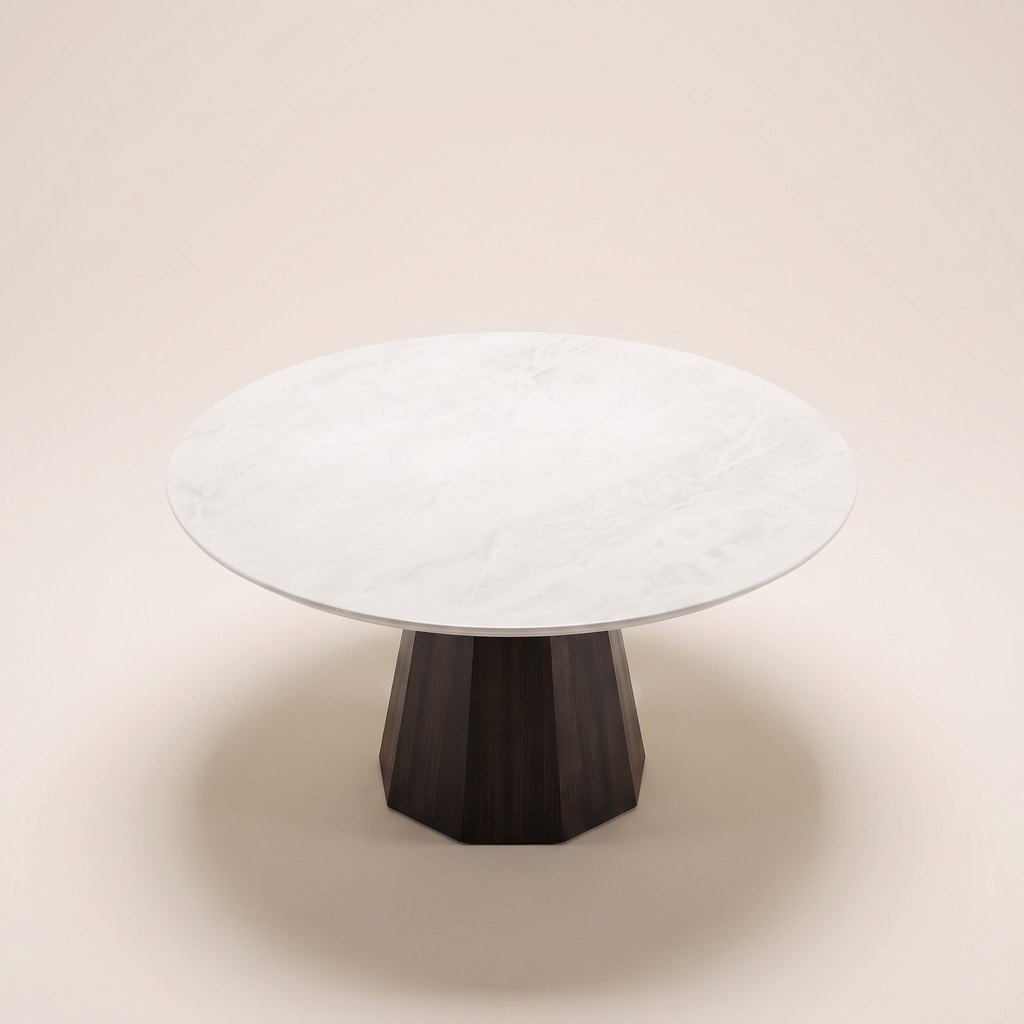Faceted Wood-Base White Jade Marble Dining Table, three-quarter view