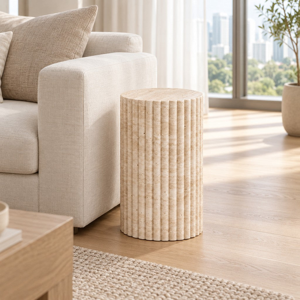 Fluted Cylindrical Stone Plinth in a Singapore living room