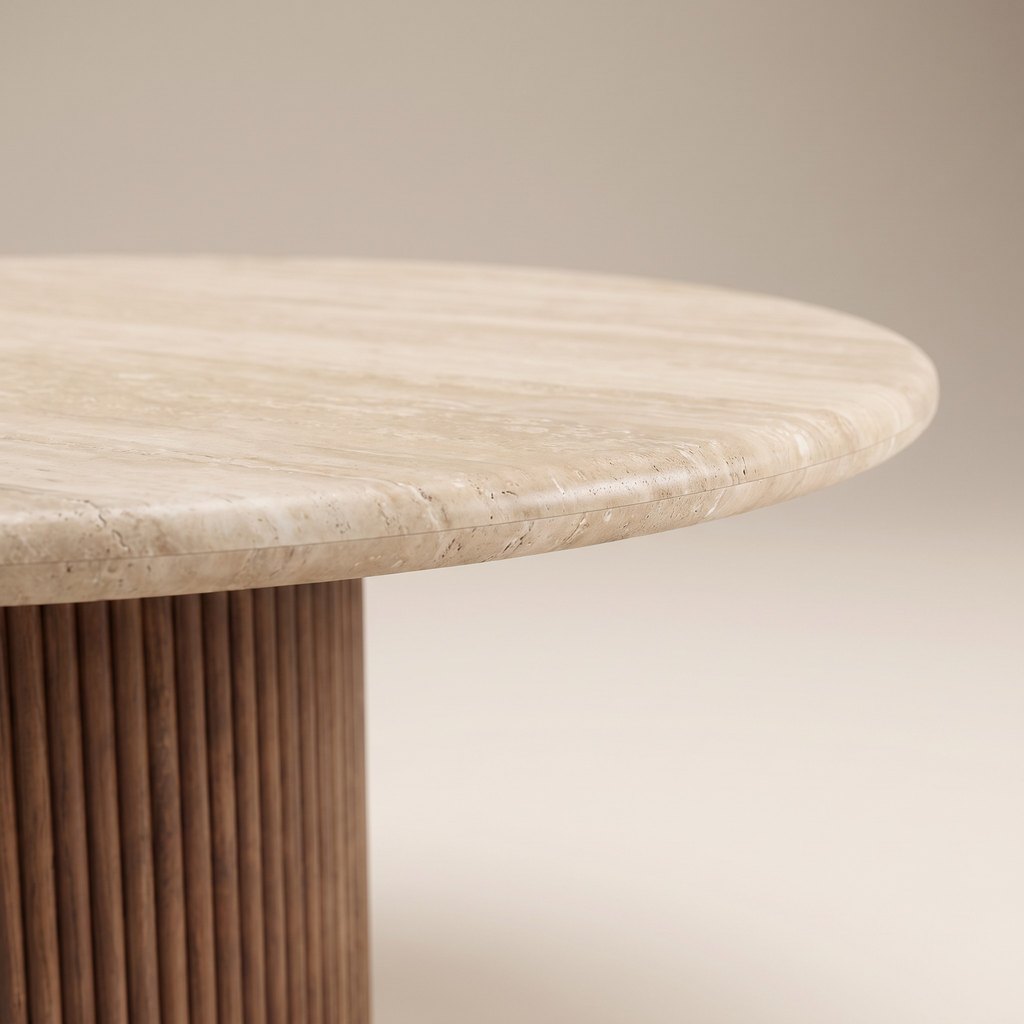 Fluted Wood-Base Travertine Dining Table, edge detail