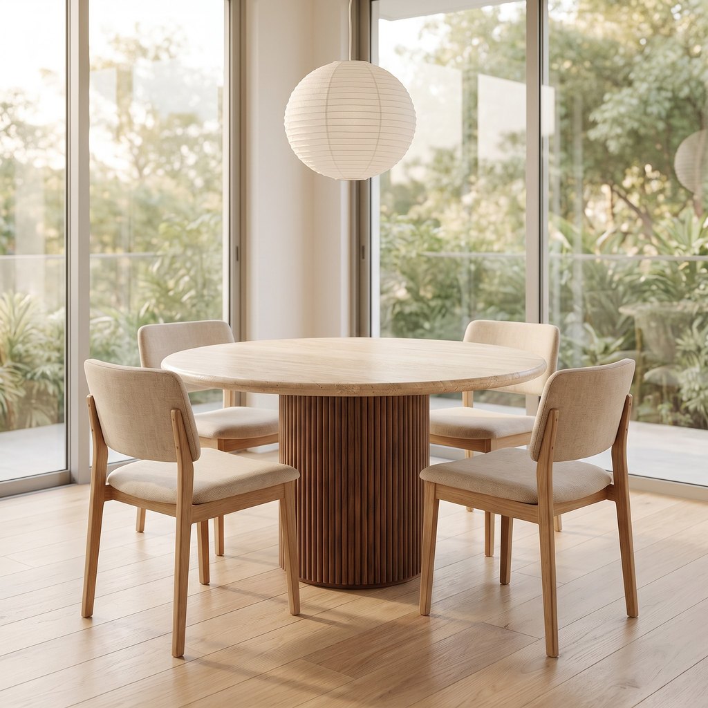 Fluted Wood-Base Travertine Dining Table in a dining room