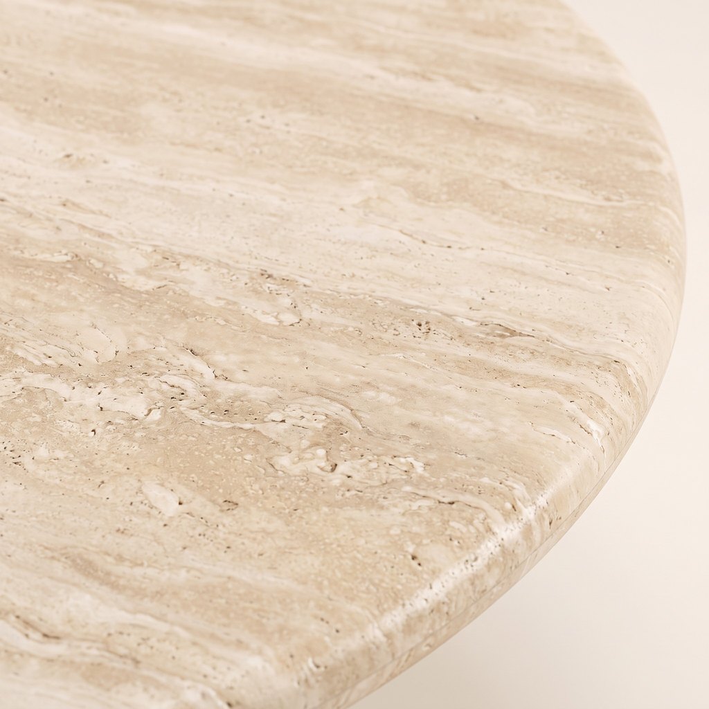 Fluted Wood-Base Travertine Dining Table: close-up of the travertine surface