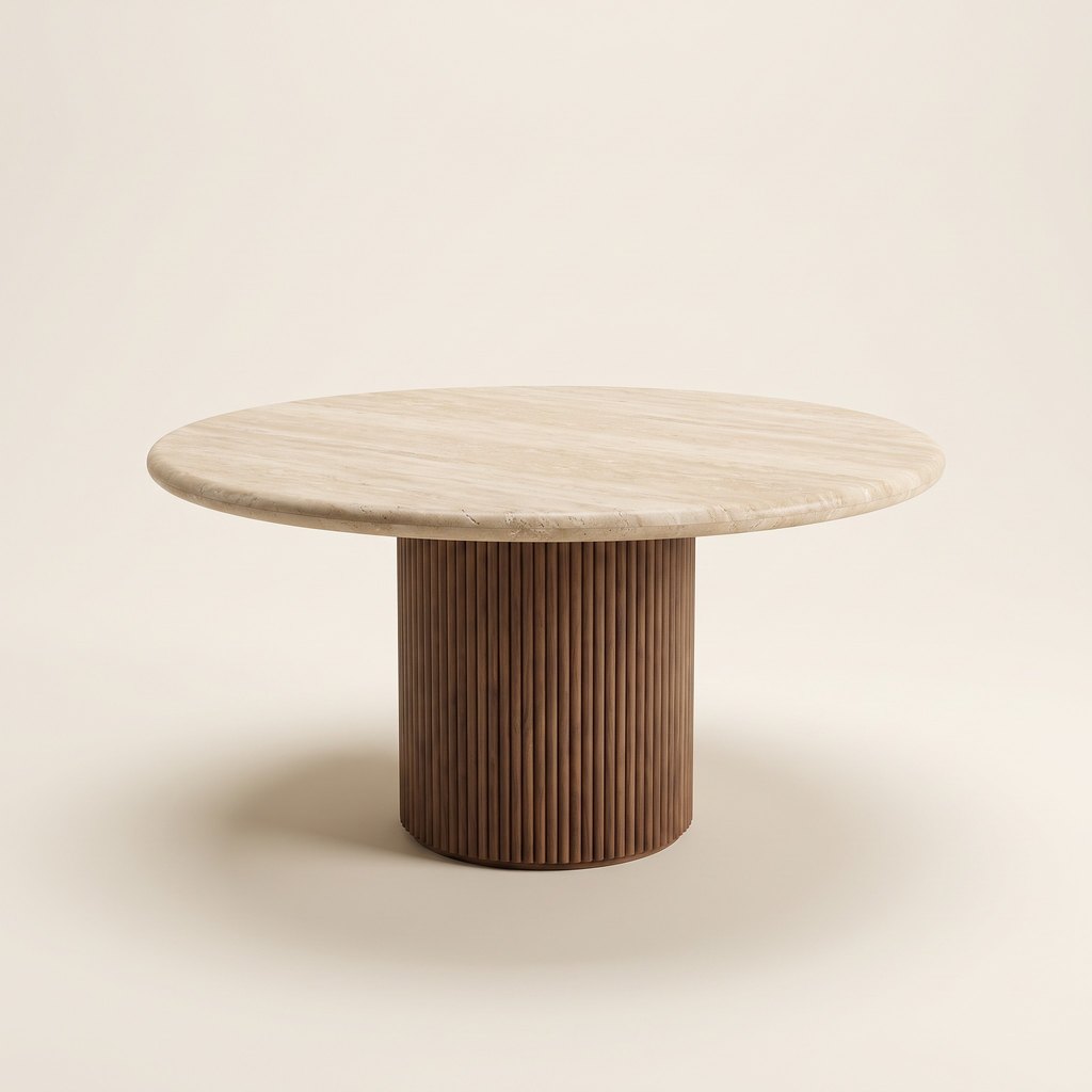 Fluted Wood-Base Travertine Dining Table, studio view