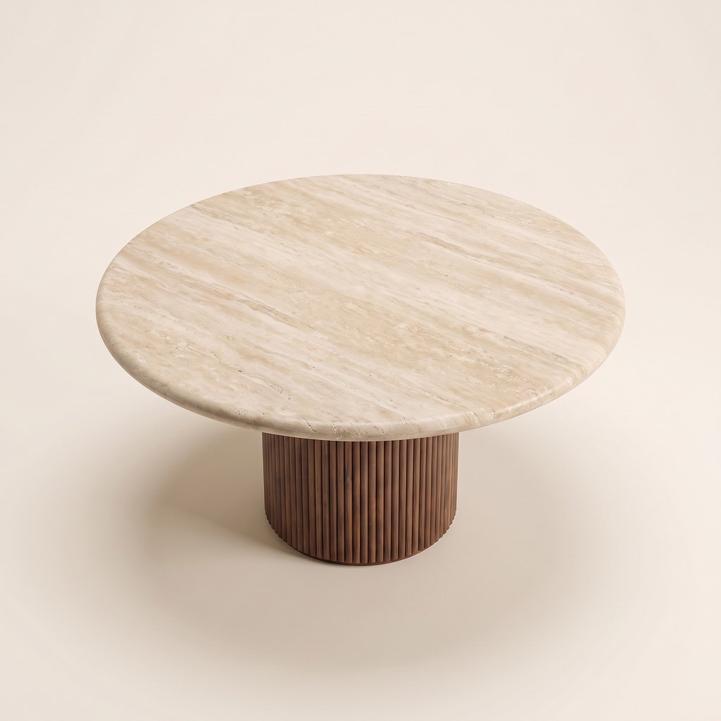 Fluted Wood-Base Travertine Dining Table, three-quarter view