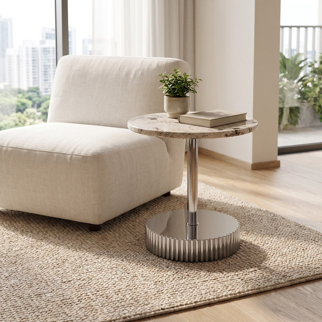 Gear-Base Stone Side Table in a living room