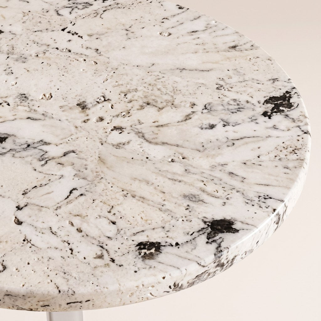 Gear-Base Stone Side Table: close-up of the white and grey speckled stone surface