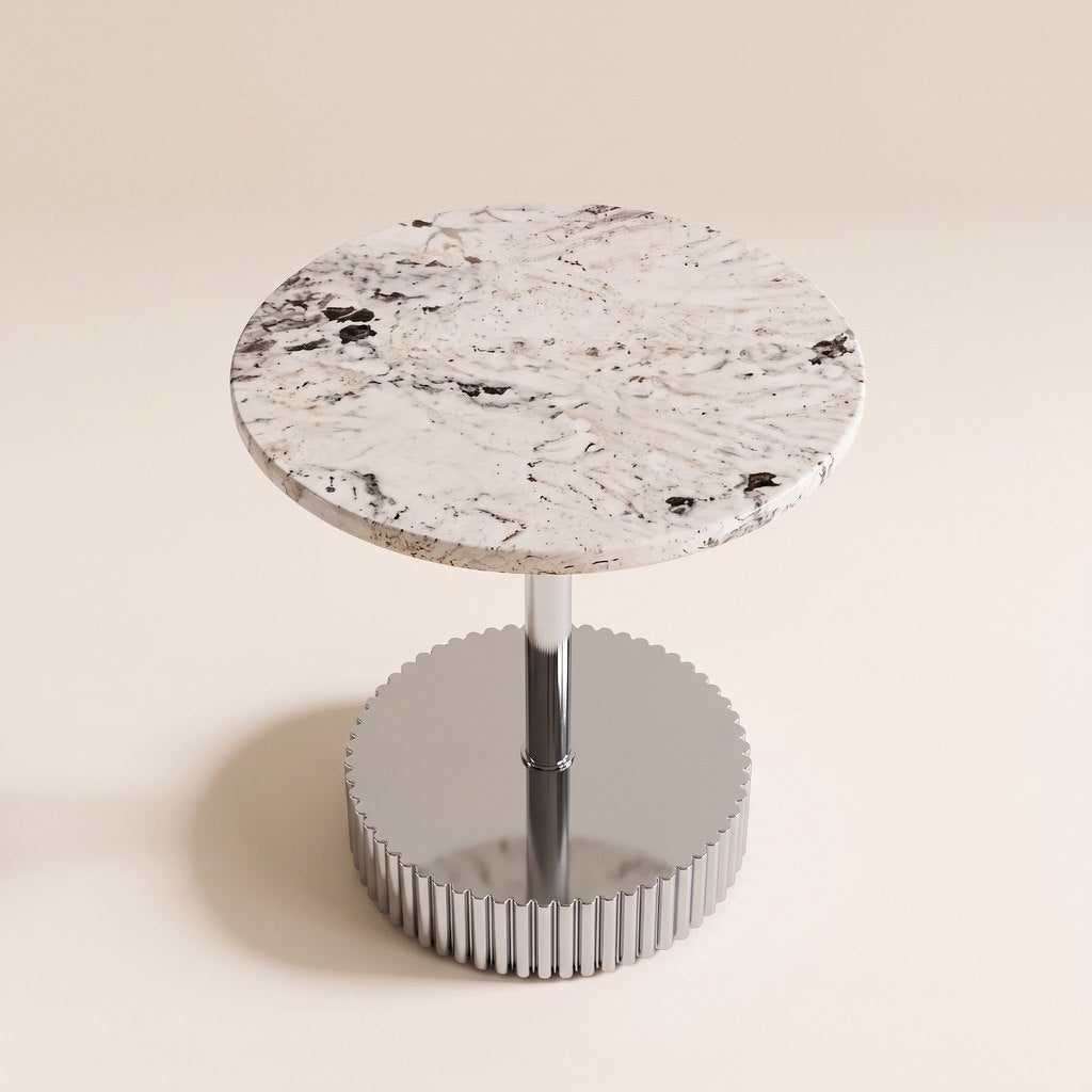 Gear-Base Stone Side Table, three-quarter view