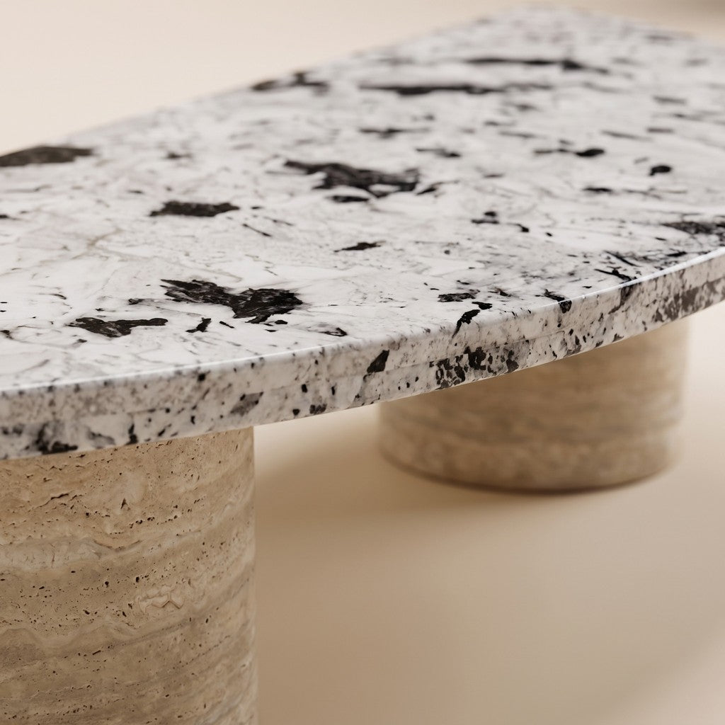 Half-Moon Coffee Table — Speckled Stone Top, Travertine Legs, edge detail