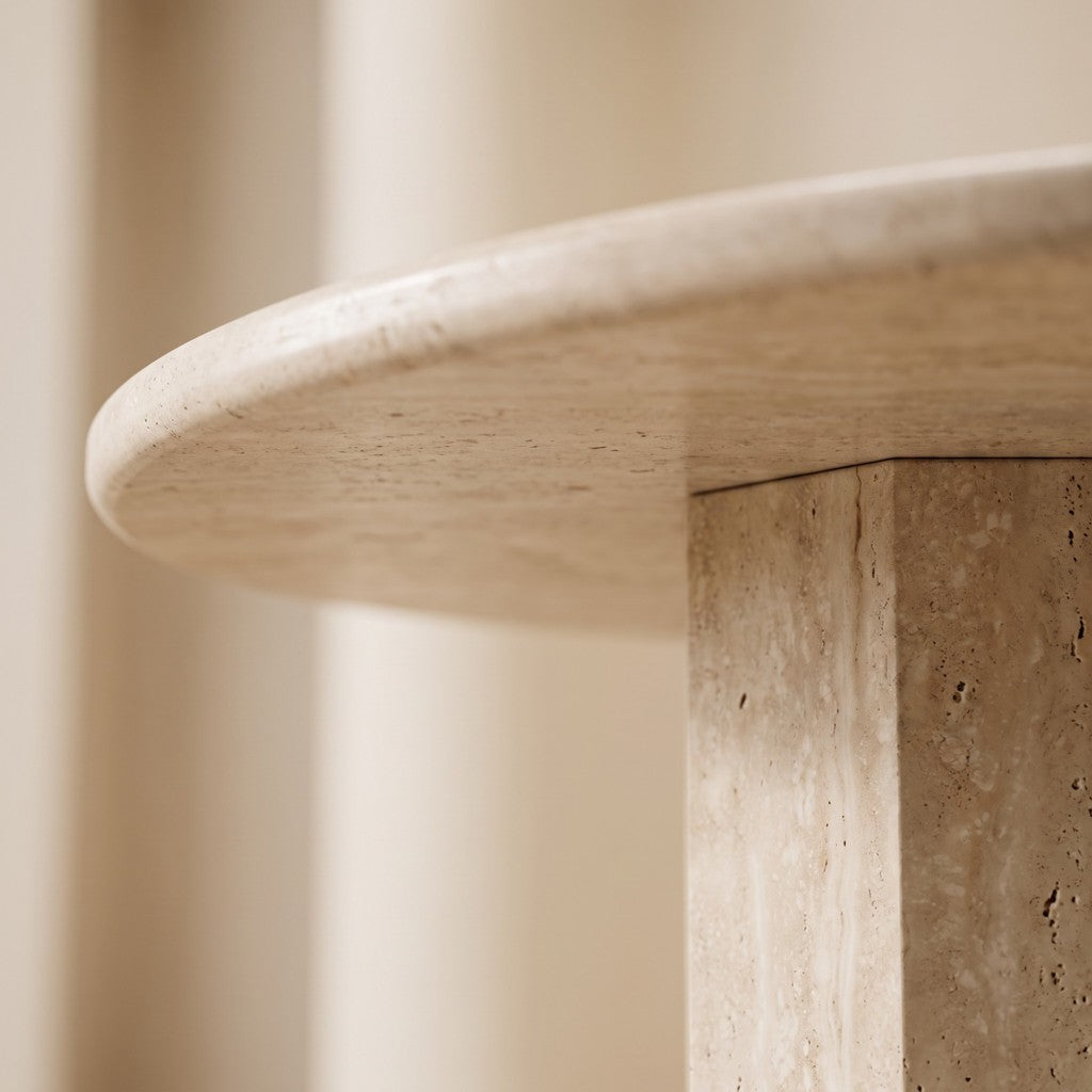 Hexagonal Pedestal Travertine Dining Table, edge detail