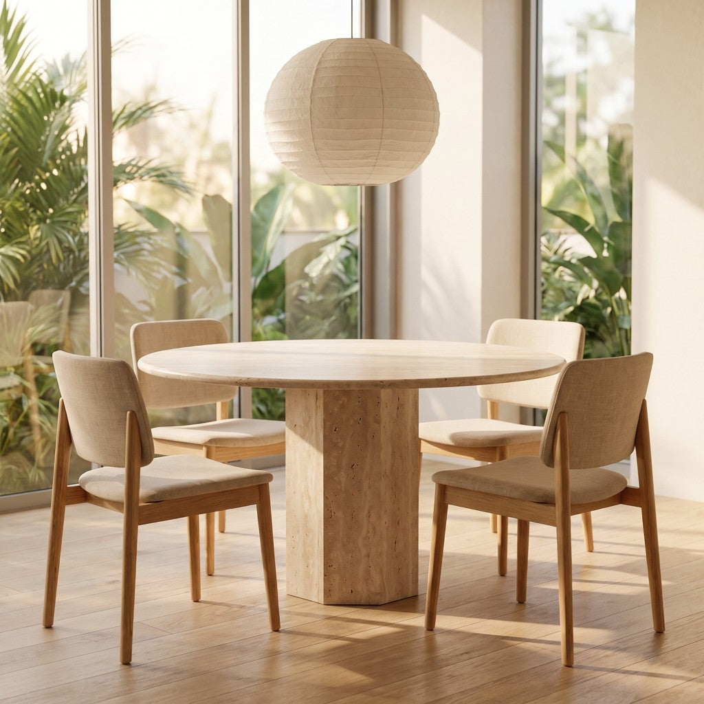 Hexagonal Pedestal Travertine Dining Table in a dining room