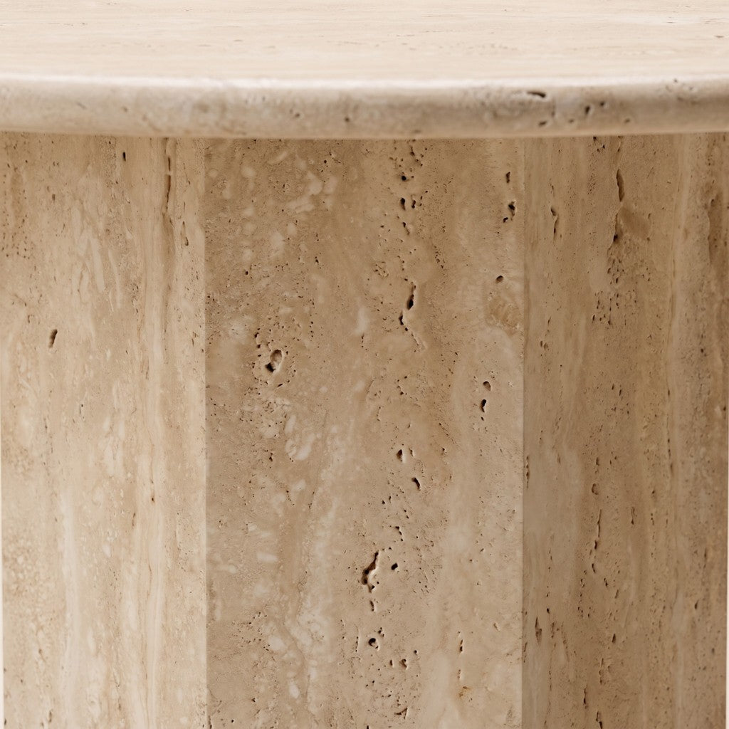 Hexagonal Pedestal Travertine Dining Table: close-up of the stone surface
