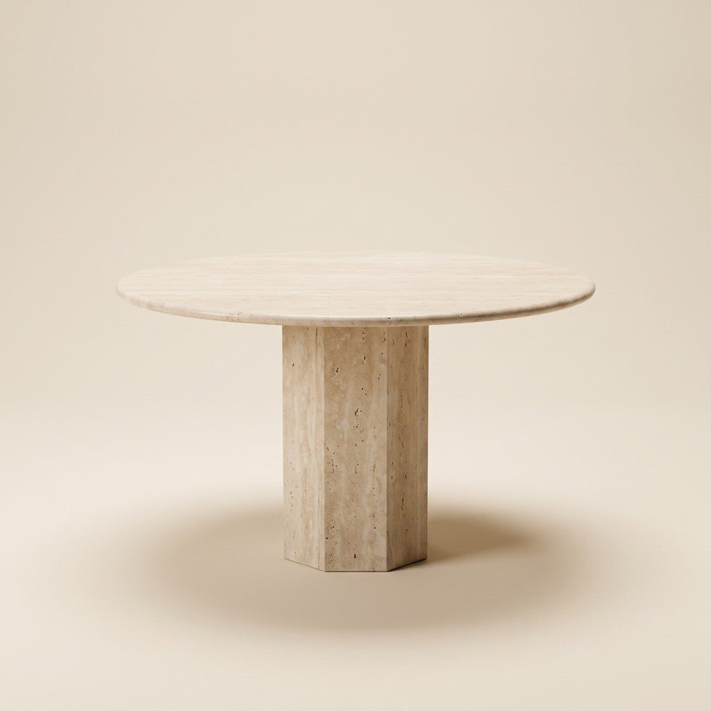 Hexagonal Pedestal Travertine Dining Table, studio view
