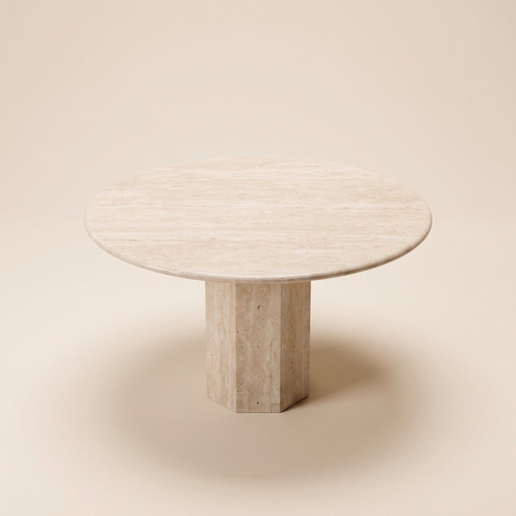 Hexagonal Pedestal Travertine Dining Table, three-quarter view